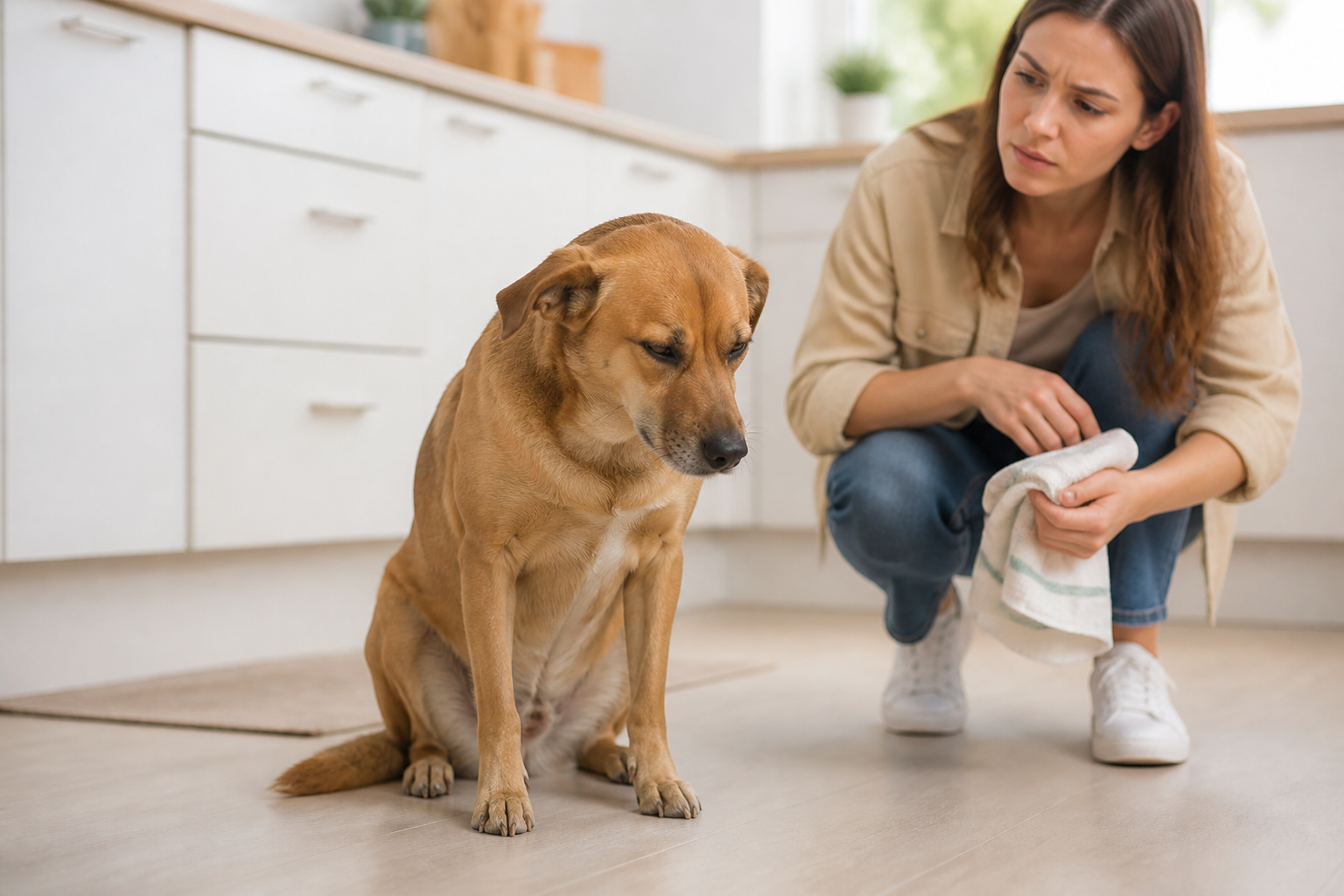 Cachorro com expressão enjoada enquanto tutora observa preocupada